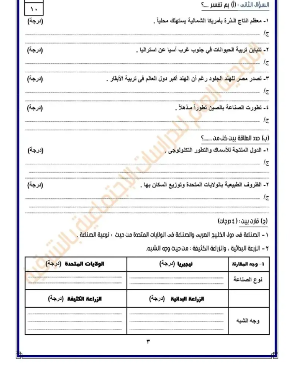 نماذج امتحانات دراسات الصف الثالث الإعدادي الترم ا